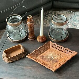 Vintage Wooden Decorative Lot Lanterns, Vase, Trinket Dishes, Candle Holders